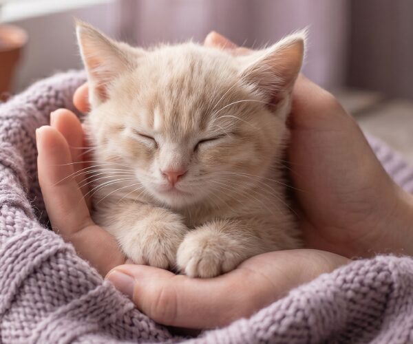 A kitten asleep in a cupped hand