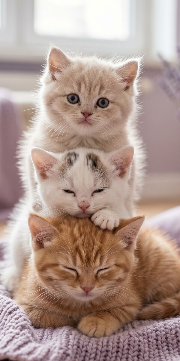 Three kittens stacked on a knitted blanket