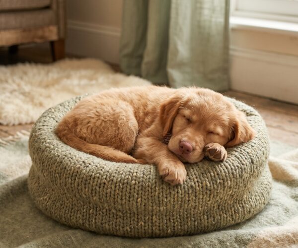 A puppy asleep in a round bed