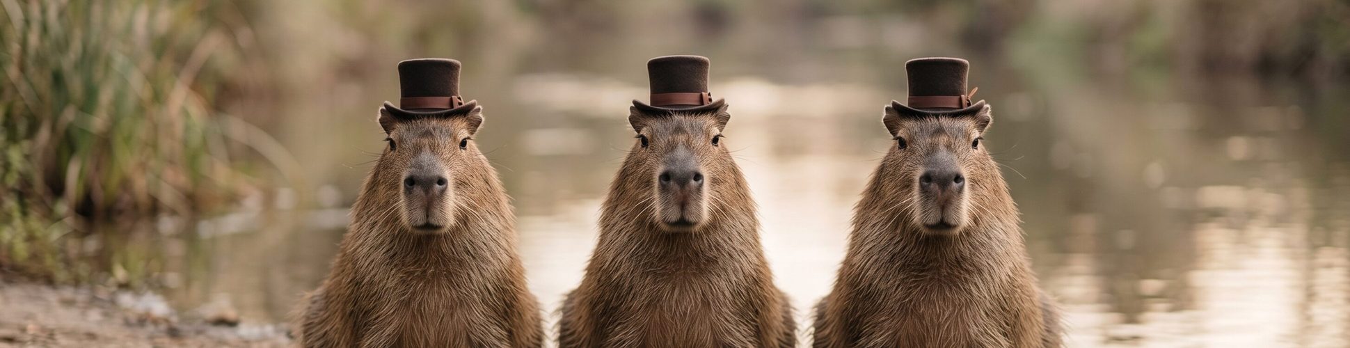 Three capybaras in top hats sitting in a row in the water