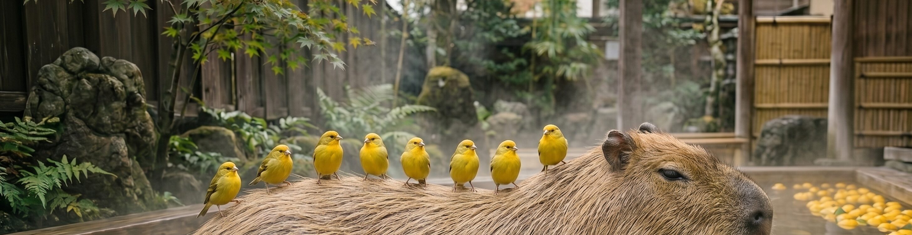 A capybara in a garden with a row of yellow ducklings
