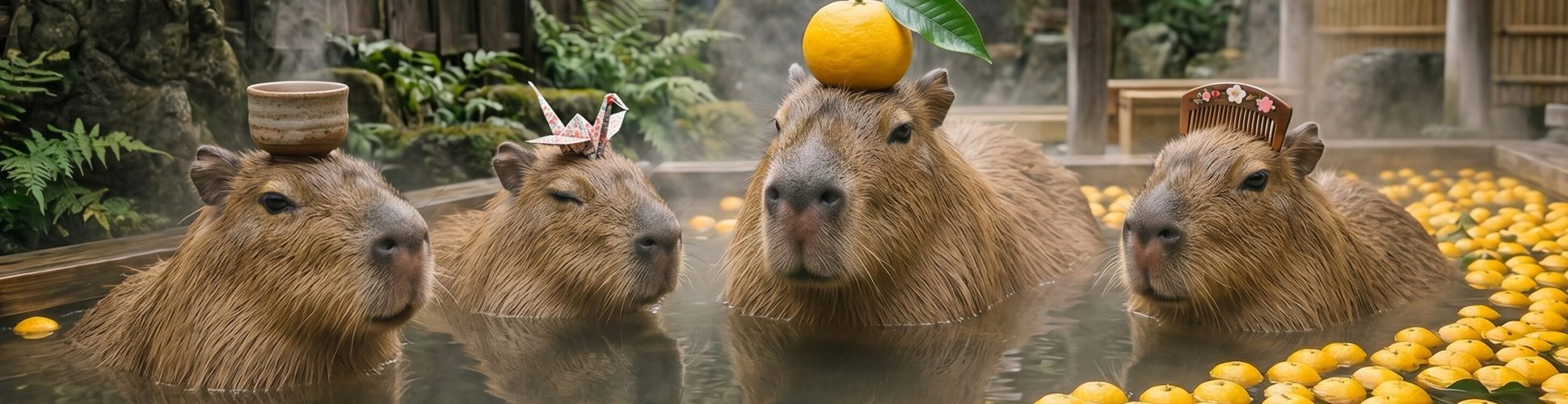 The herd soaking in the hot spring among floating yuzu