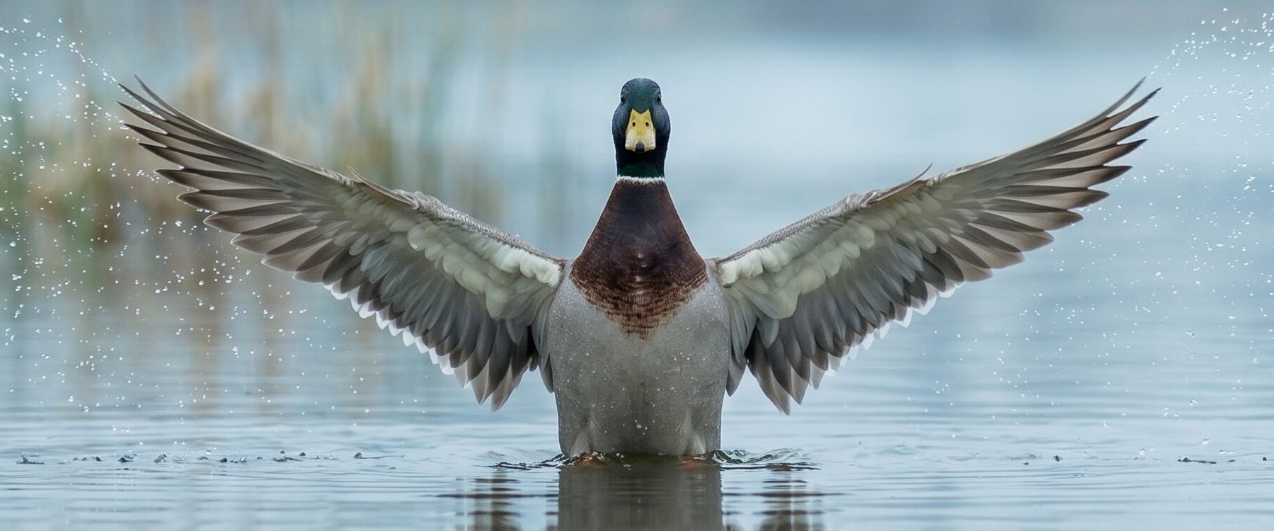 David, a mallard, rising from the water with both wings spread