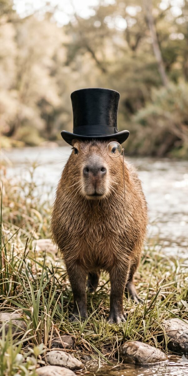 Capybara in a top hat standing in a river