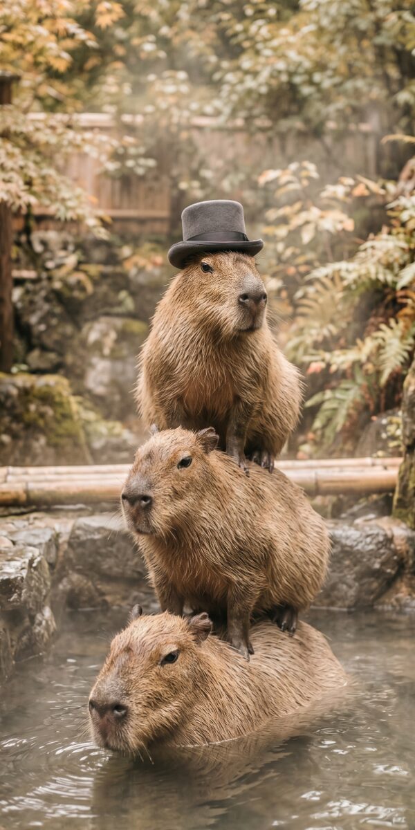 Three capybaras stacked in the hot spring, the top one in a small hat