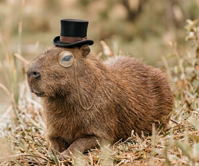 Capybara wearing a top hat and monocle