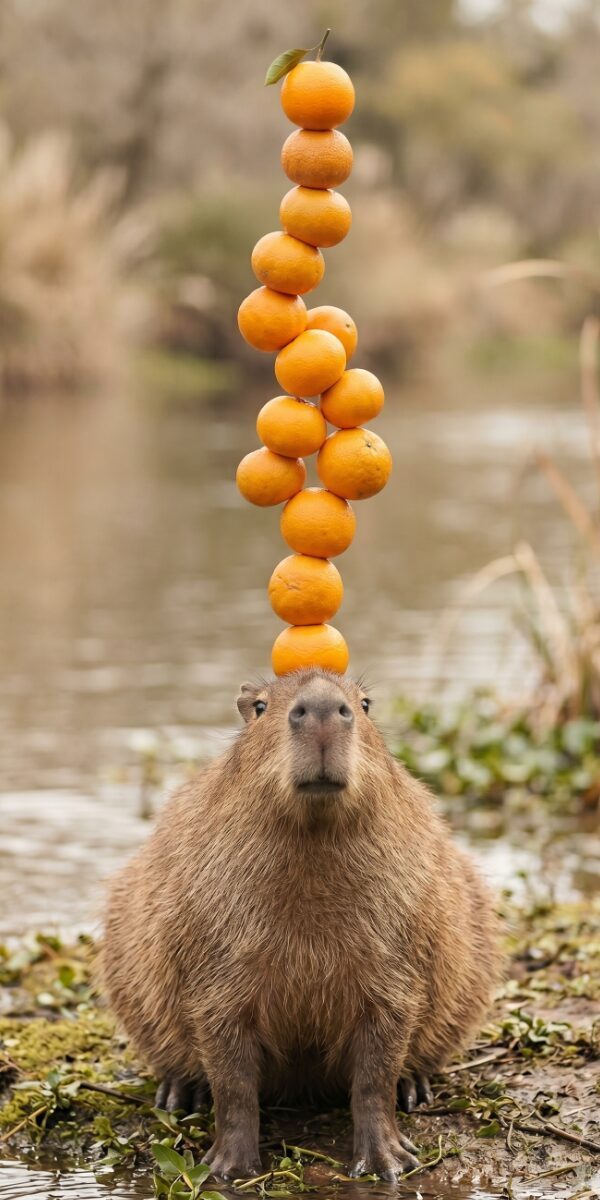 Capybara balancing a tower of eight oranges