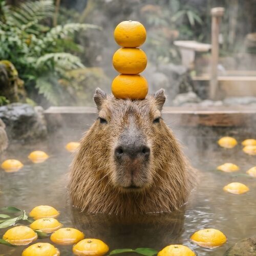 A capybara in the hot spring with three oranges balanced on its head