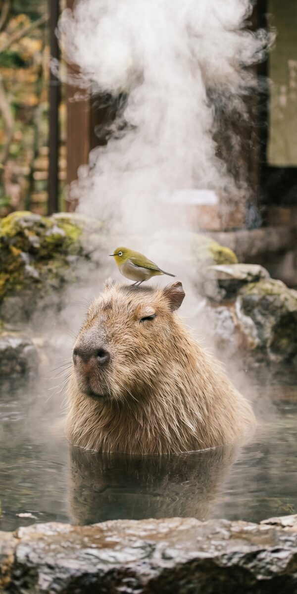 A capybara in a steaming hot spring with a small bird on its head